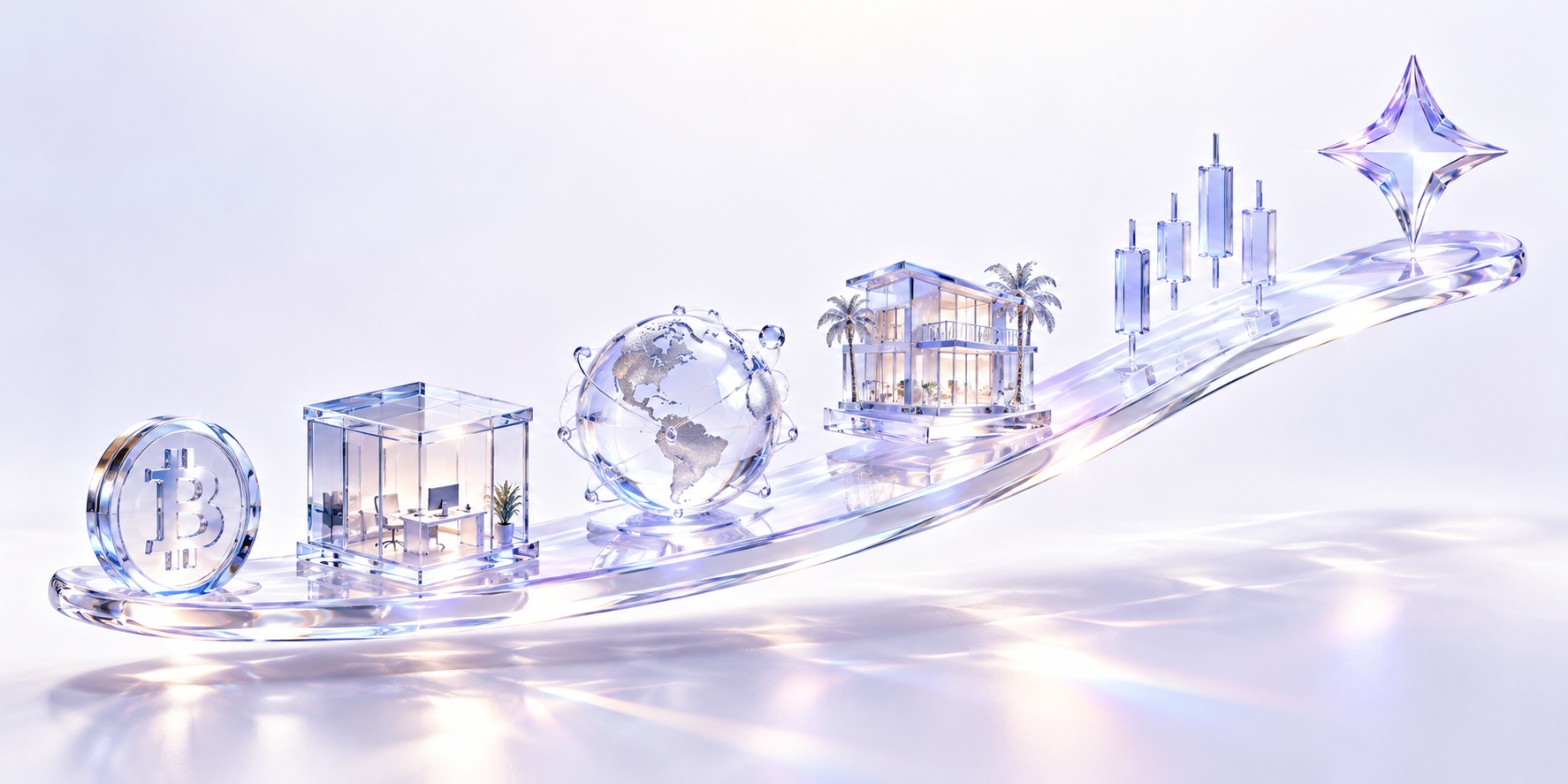 A crystal glass pathway connecting Bitcoin, business, communities, travel, exchange trading, and AI